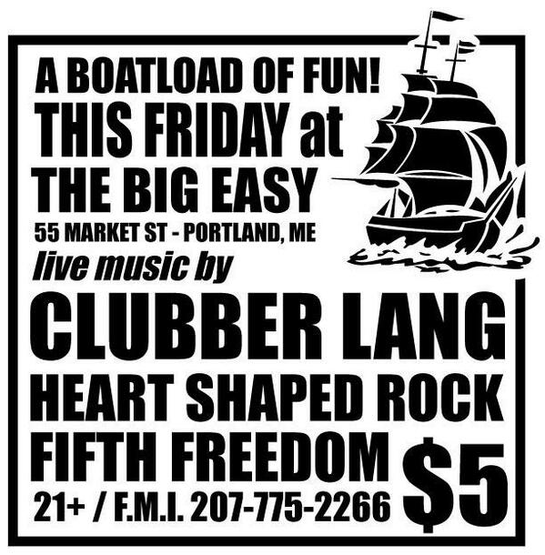 FifthFreedomME's tweet photo. Fifth Freedom! This Friday @ The Big Easy in Portland, ME
#TheBigEasy http://t.co/iRQLppy8Yg