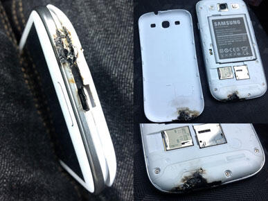 khajochi's tweet photo. 3. ระวังเสียบชาร์จในที่ไฟไม่สม่ำเสมอ เช่น Galaxy S3 เครื่องนี้เสียบชาร์จกับรถยนตร์ ร้อนผิดปกติจนระเบิด #PhoneExplode http://t.co/4HNpUV1mta