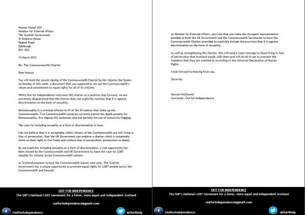 MosaicScotland's tweet photo. LGBT wing of @TheSNP, @Out4Indy, have written to @HumzaYousaf about the Commonwealth Charter #LGBT #Equality http://t.co/b7bhtjiylC