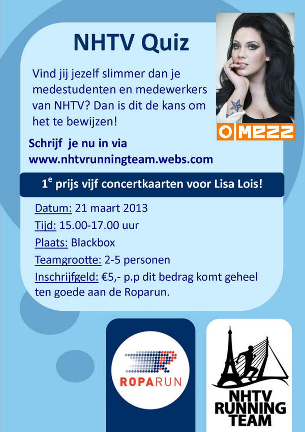 NHTVROPARUN's tweet photo. Over ongeveer één week is het zo ver NHTV Quiz!Er zijn nog plekken vrij,schrijf je snel in via:http://t.co/39OUs27cmj http://t.co/cDHwOWdOMZ
