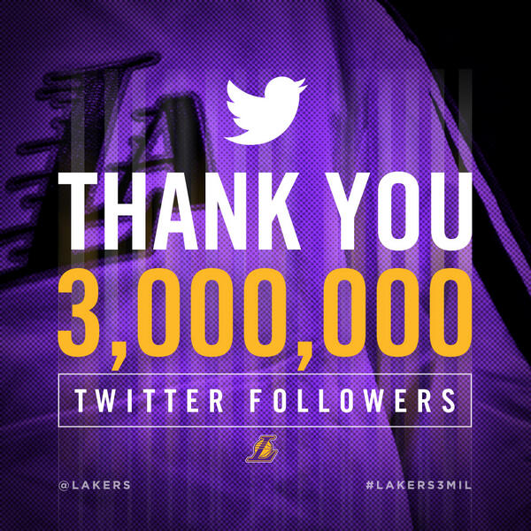 Lakers's tweet photo. 3 million followers!! We can't thank all of you enough for your support. #GoLakers #Lakers3Mil http://t.co/dzdHBnpVA5
