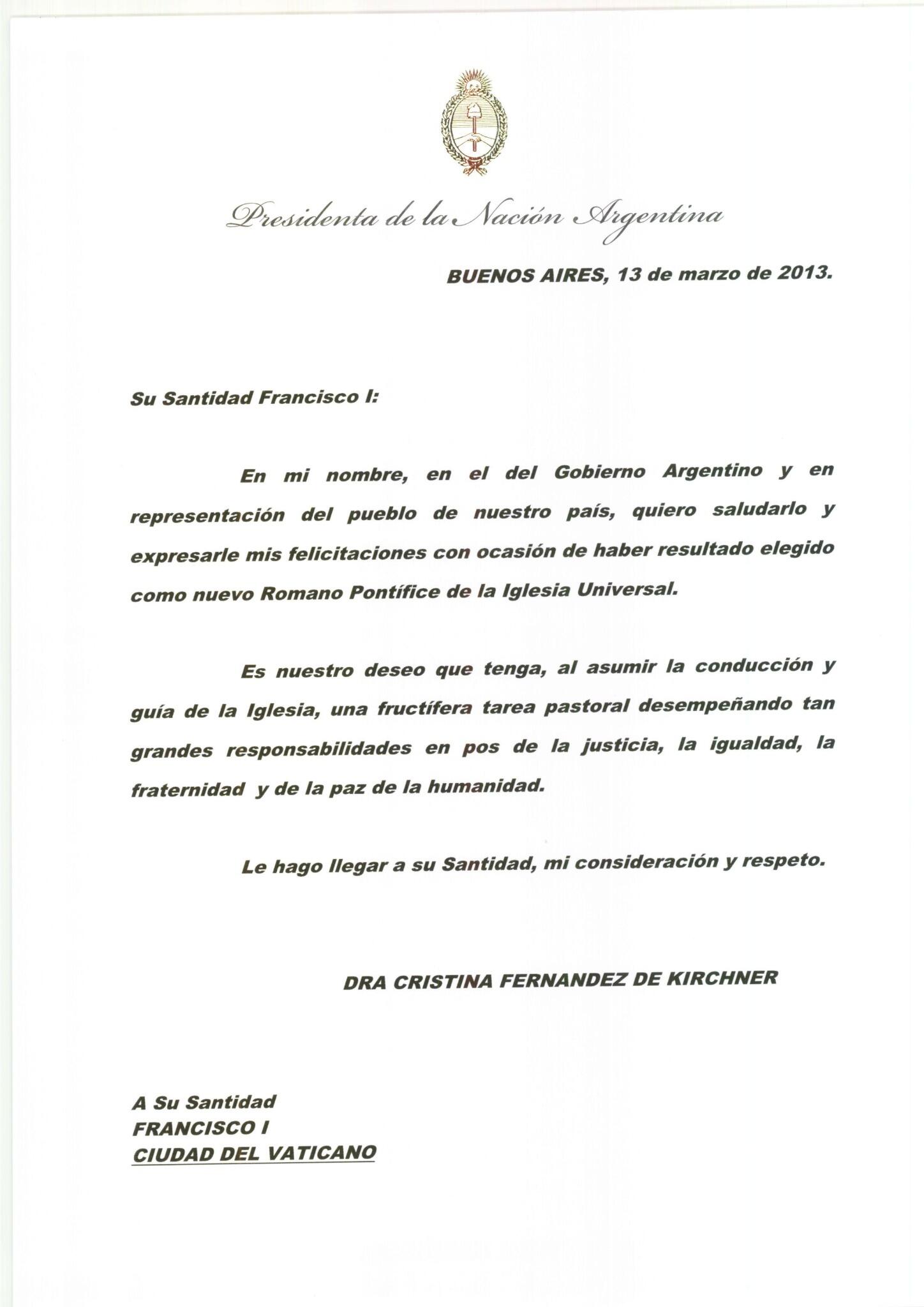 CRISTINA FERNÁNDEZ ENVÍA CARTA DE FELICITACIONES A 