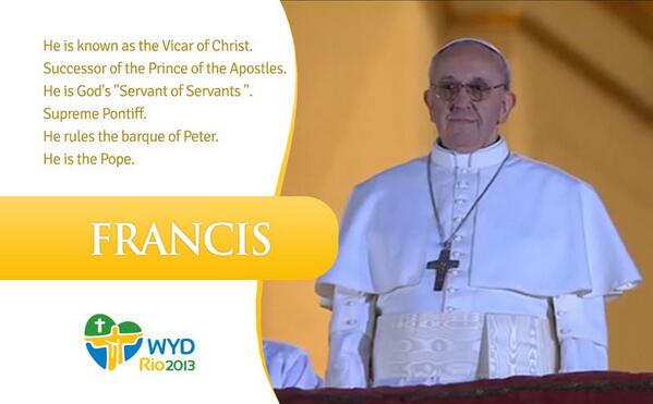 wyd_en's tweet photo. God Bless you #PopeFrancis! We wait for you in #JMJ #Rio2013 http://t.co/vnGb7k1sWU