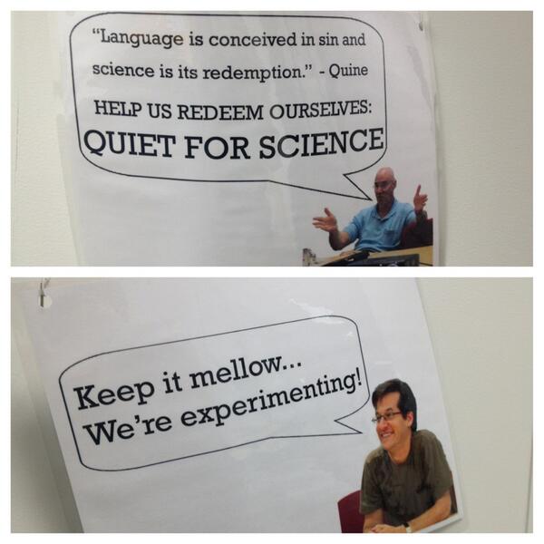 TaniaDelgad0's tweet photo. Our new 'experiment in progress' signs... now featuring faculty #adorable :-) http://t.co/GFX2BUSptt