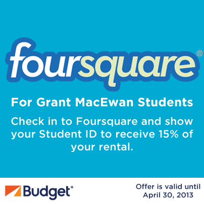 BudgetEdmonton's tweet photo. Attention all 
@MacEwanU students! We have a Foursquare offer for you to receive 15% off a car rental! http://t.co/FJkrhrtNtP