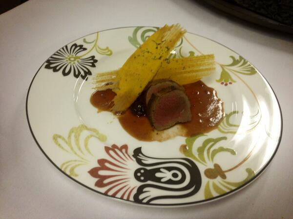 Venison loin, pickled beet and cherry chutney, bacon jus, sweet potato tuile.