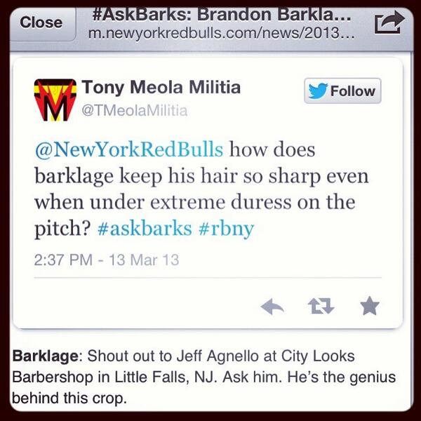 CityImageBarber's tweet photo. Big thnks to pro soccer player @bbarks25 of @NewYorkRedBulls for giving the shop a shoutout #rbny #MLS #njbarbers http://t.co/SuLdfC6yrl