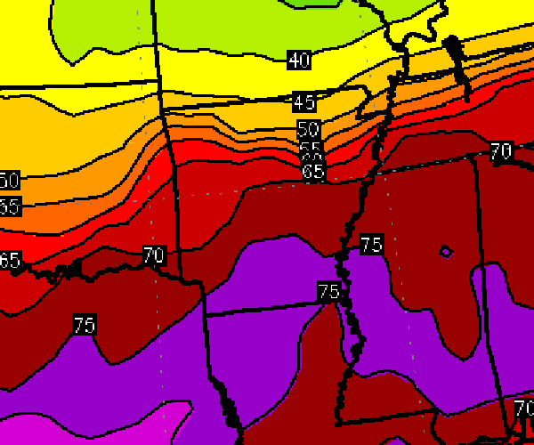 GregDeeWeather's tweet image. This could be the temp range across #ARWX Sunday. 44F in Mammoth Spring, 77F in El Dorado. #ForecastingFun #NoBueno