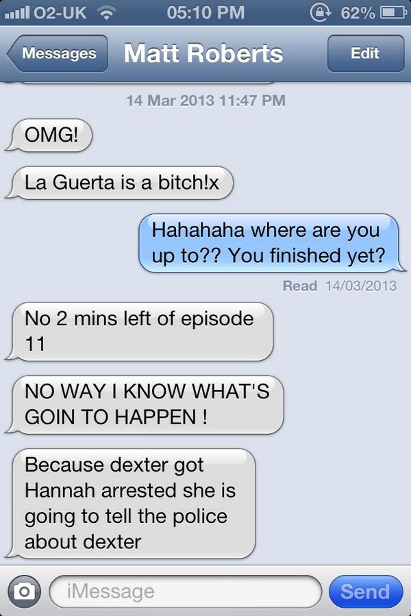 MaddisonLeach's tweet photo. Hahahaha laughing so much at @MRooberts getting excited about dexter... http://t.co/ioVCusCPkT