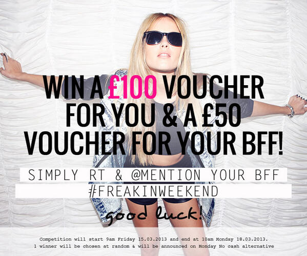 MrNiMichi's tweet photo. RT @FridayFavorites: @missguidedcouk: #FREAKINWEEKEND ! WIN £100 voucher 4U &amp; £50 4UR BFF. RT&amp; @mention ur BFF! x http://t.co/PPrbtpC8M8