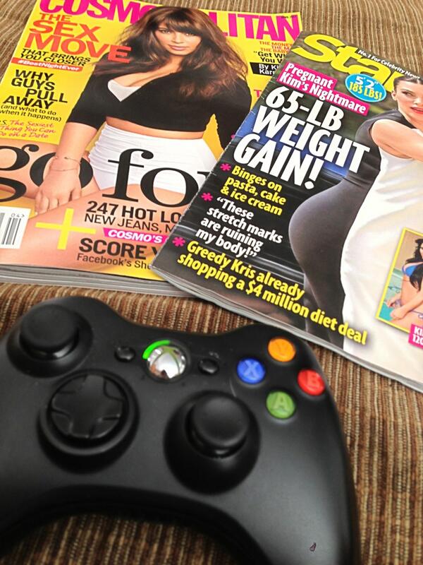 GamerBetch's tweet photo. Gaming and gossip mags. #perfectsaturday #wheresmywine #kimisfat http://t.co/Nj1K6a6Gjp