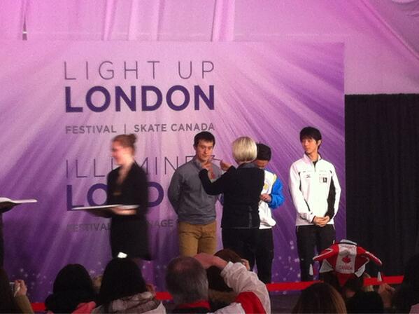 SkateCanada's tweet photo. The small medal ceremony for the men's free program @SkateCanada House #FSWorlds13 http://t.co/clef0mMUyl
