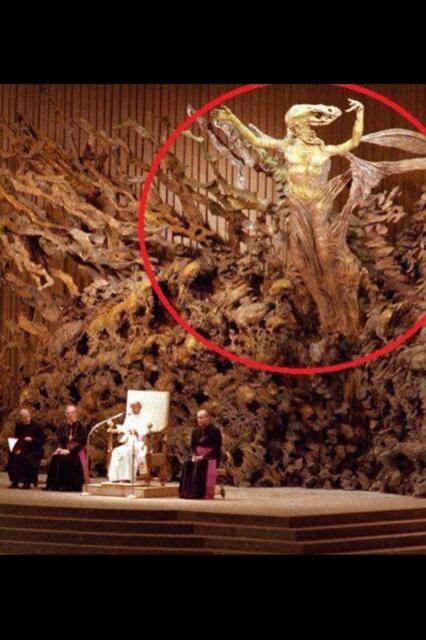 Vaunted365's tweet image. 'Lucifers' infiltration of all.RT"@ThirdsEyeView: Reptilian Sculpture behind the Pope.... @da13thsun http://t.co/wjHzPkpU52"