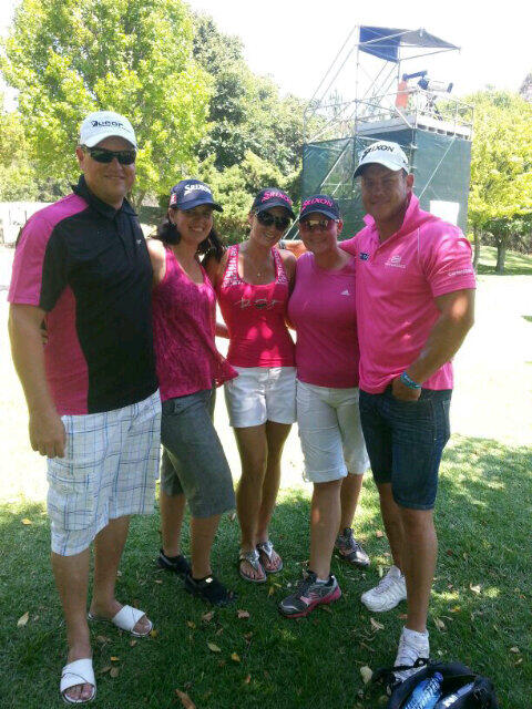 Nina_Venter's tweet photo. @Sunshine_Tour #TelkomPGA. Jaco van Zyl supporters dressed for breast cancer. http://t.co/S6ODqZ4Bob