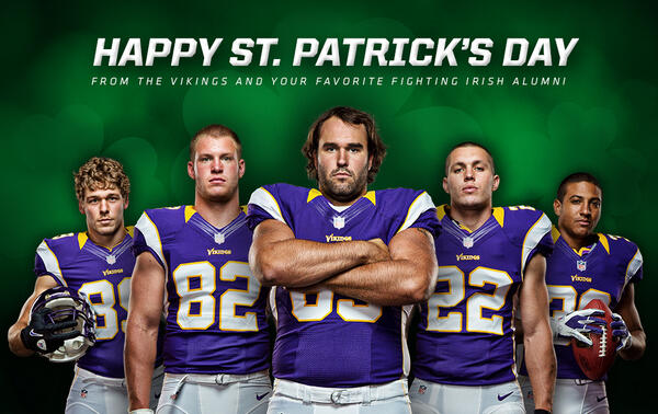 Vikings's tweet photo. Happy St. Patrick's Day, #Vikings fans! RT this and you could win a football autographed by our 5 Fighting Irish! http://t.co/9JbKJ8tpNV