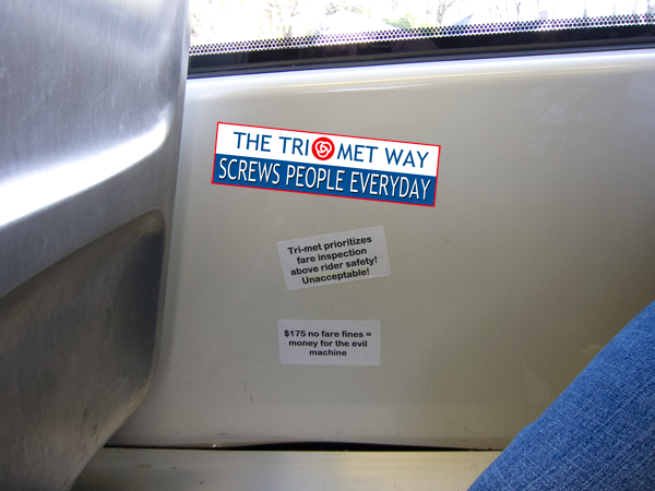 I saw the 2 small stickers and added my own. Glad to see someone else is expressing their discontent with #TriMet.