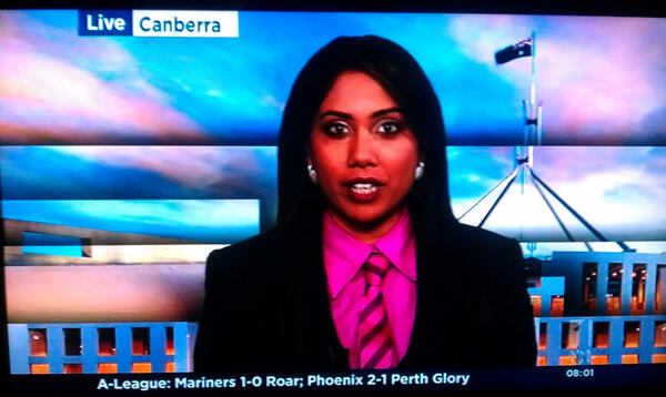 krONik's tweet image. #LIBtika the human strawberry! She got dressed in the dark this morning, in her best 80s gear! #AUSpol #BreakfastNews