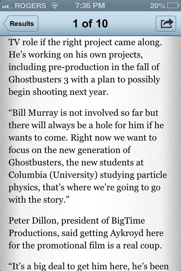 ThomasWidstrand's tweet photo. @OttawaCitizen article on @danaykroyd glad to know there's a hole for @BillMurray to fill http://t.co/9H72sjKMor