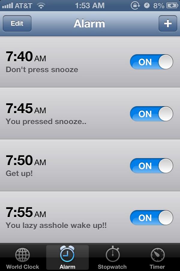 JediSalazar's tweet image. The alarm for the next few days ain't nobody go time fo dat #springbreaksover #college #mornings @katiecolleen7