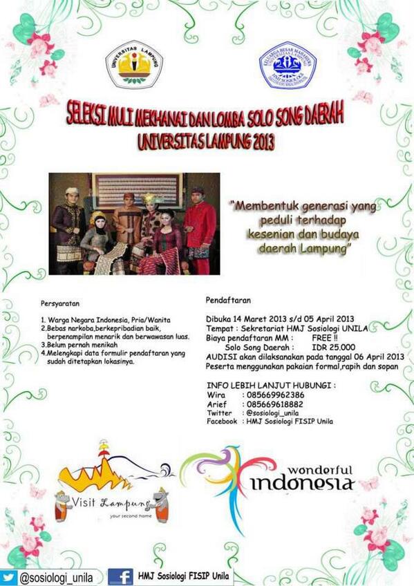 hai <a href="/BEMFEB_UNILA/">BEM FEB UNILA</a> Ikuti Audisi Muli Mekhanai kota <a href="/BandarLampung/">LampungDirectory.com</a>  &amp; Solo Song Daerah 2013. Yuk sgera daftarkan dirimu