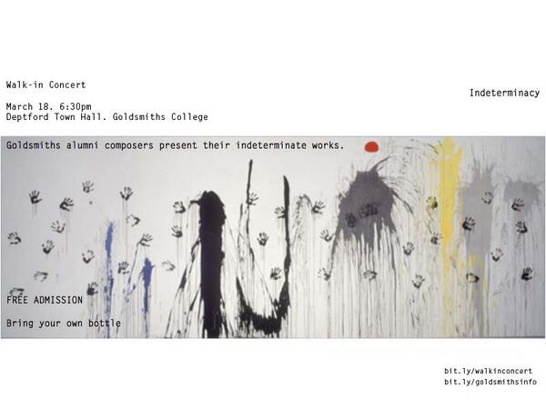 Don't miss out on the Walk-in concert tonight <a href="/GoldsmithsMusic/">Goldsmiths Music Department</a> at 6.30pm in the Deptford Town Hall #indeterminacy