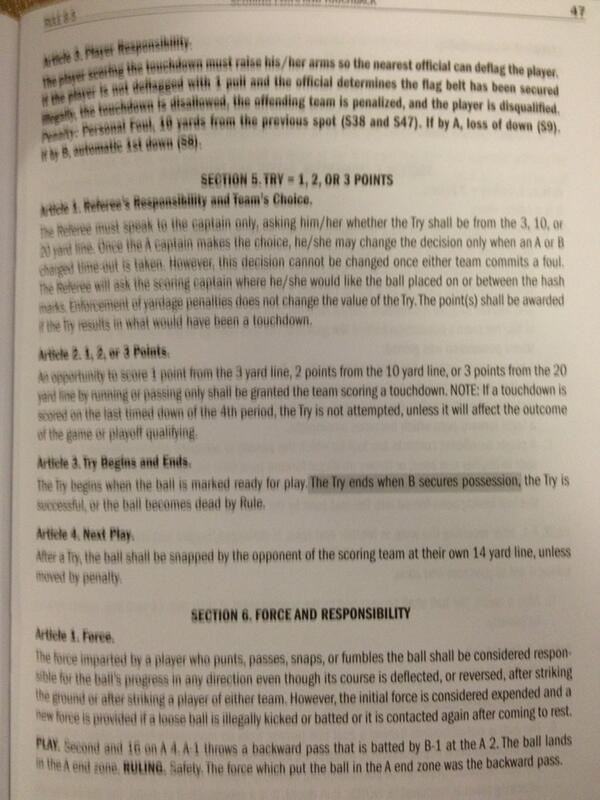 FakeTHaas's tweet photo. @TheresMyQ @CfrowYourself @FrowItToMe section 5 article 3 newest edition in NIRSA flag football rule book http://t.co/RKyXDlfqTj