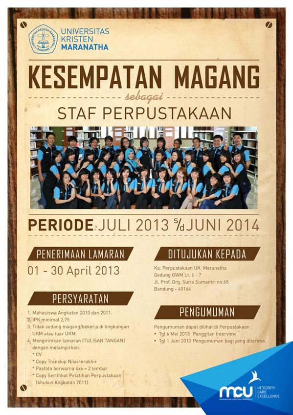 itmaranatha's tweet photo. "@ukm_official: #MCURecruitment Rekrutmen Mahasiswa Magang Perpustakaan | Penerimaan Lamaran 01-30 April 2013 :) http://t.co/TWzii4eOot"