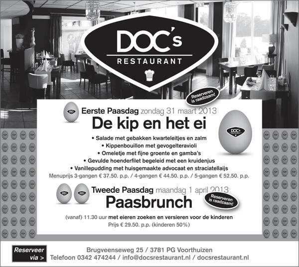Kom met Pasen naar DOC's Restaurant. Eerste Paasdag "De kip en het ei". Tweede Paasdag brunchen en eierenzoeken!!