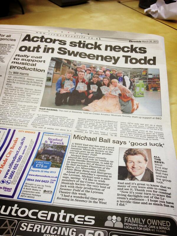 creweams's tweet photo. Brilliant article in @CreweChronicle this week!! Thanks @CreweChronWill #SweeneyTodd http://t.co/XTHItvEwxy
