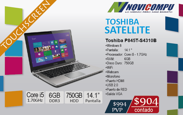 MODELO: Toshiba P845T-S4310B INTEL ULV CORE I5 3317U(BGA) 6GB 750GB DVD-SM 14.0 HD TOUCHSCREEN INTEL BGN-WIDI WIN 8