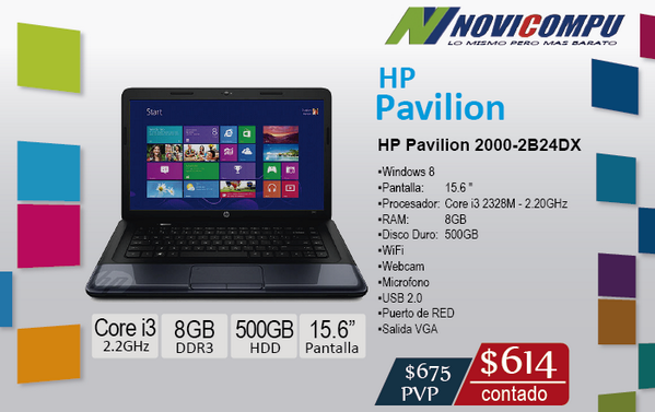 HP 2000-2B98 HP Pavilion Intel Core i3-2328M 2.20Ghz, 8GB,500GB, DVDRW 15.6" HD LED, Webcam, Windows 8 <a href="/DonDatosEc/">Mercado de Datos Ec</a>