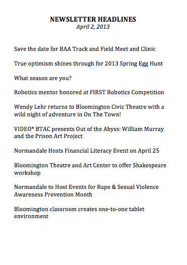 BloomingtonCrow's tweet photo. Click the photo to see headlines from the past week. Click the link to see the stories. http://t.co/fM4qaLHRRy http://t.co/F4srst9IbK
