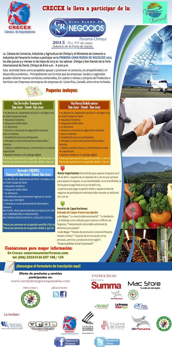 CRECEX_cr's tweet photo. Los invitamos a la rueda de negocios en la provincia de Chiriqui, Panama 9 y 10 de mayo 2013 http://t.co/oDaIxKb4O8