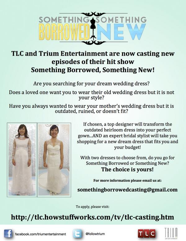 Kellcast's tweet photo. #CASTING Brides-to-be for TLCs hit show #SBSN. Apply today somethingborrowedcasting@gmail.com http://t.co/g8HZlnyAUO
