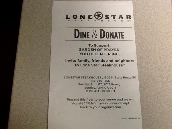 GOPYouthCenter's tweet photo. Please come out in support of Garden of Prayer Youth Center at LoneStar in Bourbonnais, IL. Print our flyer &amp; dine. http://t.co/HqFbWqC217