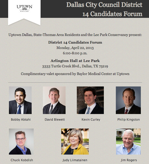 UptownDallasInc's tweet photo. Don't forget to mark your calendars for our #District14 Candidates Forum, April 22 at @LeeParkDallas. http://t.co/WTEk5e0Rsh