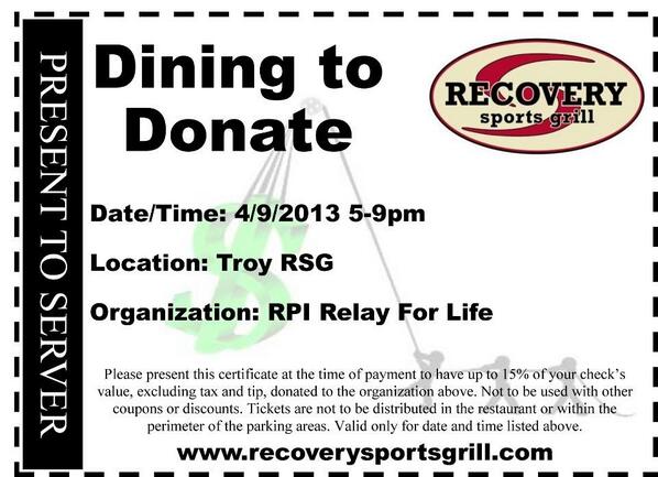 PiPhiRPI's tweet image. Grab some sisters and go the recovery room on 4/9! 15% of your bill will go towards @RPI_Relay! (Must bring voucher)