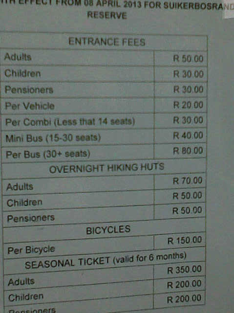 Suikerbosrand tariffs as posted.