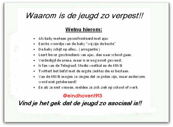 Eindhoven1913's tweet photo. Waarom is de jeugd zo verpest???
Wel nu hierom: http://t.co/pQqgN3fBN7