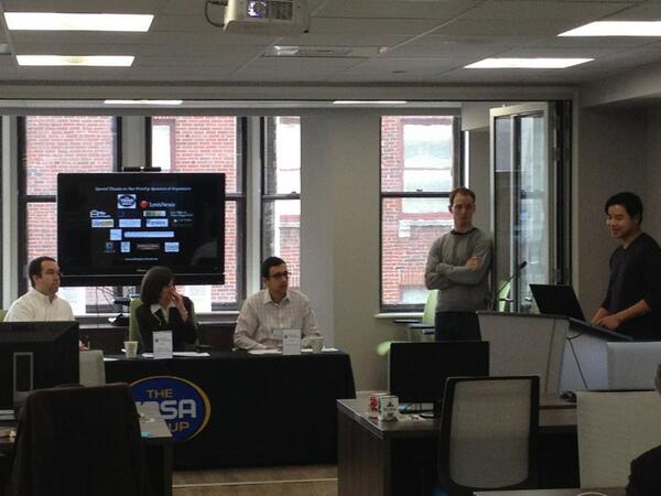 1st presentation is underway! Big thanks to our Judges - <a href="/lkravets/">Lenny Kravets</a>, Justice Greenspan, and Geoff Weber of Weber Law.