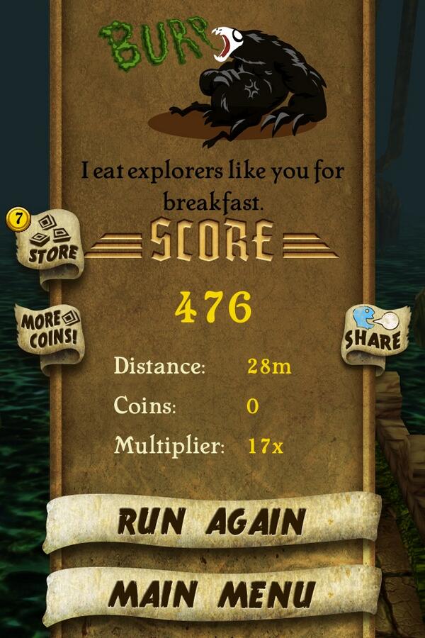 surchinsoul's tweet photo. I got 476 points while escaping from demon monkeys. Beat that! http://t.co/14r7cHxfrS #TempleRun http://t.co/rDg4HTlJgp