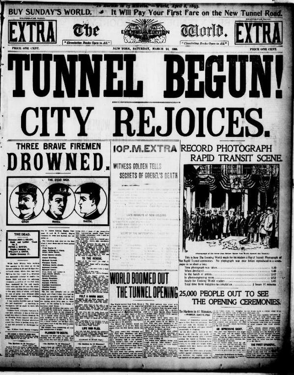 BoweryBoys's tweet photo. Ground broke on very first New York subway tunnel on this date in 1900. NY Evening World was pretty excited about it: http://t.co/En3SQ8h8D8