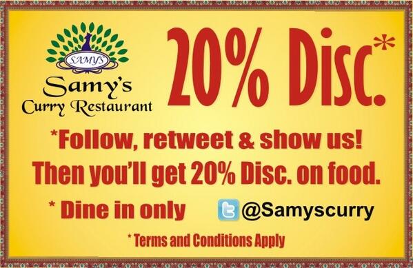 samyscurry's tweet photo. Hi #foodies! Follow @samyscurry,mention &amp; get 20% discount on south Indian cuisine with no min. purchase.
@caripromo http://t.co/IvKG21Evy6