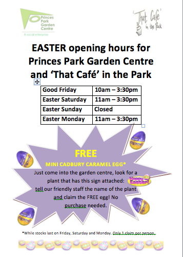 PrincesParkGC's tweet photo. Why not come in and see us over Easter? Lots of new plants in stock and a bit of fun for the children. http://t.co/UVFevNoscE