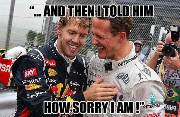SeanEdwardsF's tweet photo. This is hillarious with Vettel and Schumacher! Who ever made this is brilliant. http://t.co/3HoJeilxE5