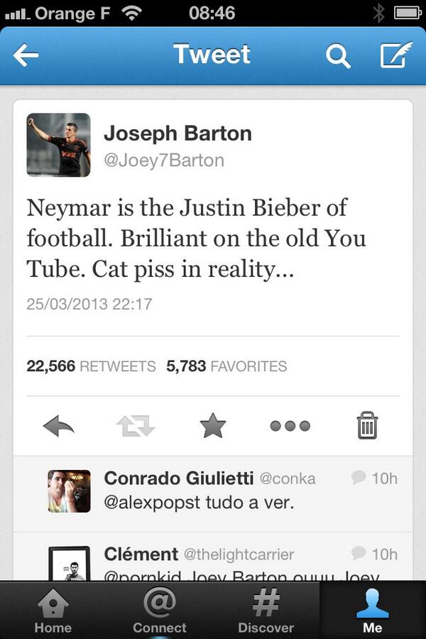 Joey7Barton's tweet photo. Quite an amount of RTs yesterday. I was only messing about. Good job he doesn't know who I am? Isn't it? #neylievers http://t.co/giLkHFDuN3