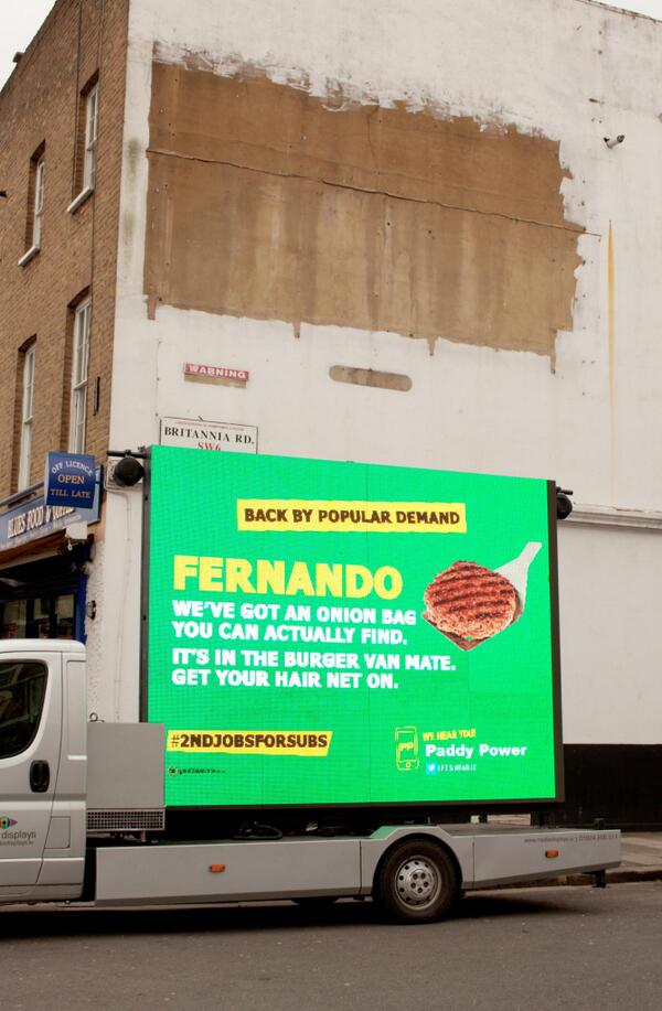 paddypower's tweet photo. Can't keep a good Paddy down! Here's how we've worked around Chelsea taking down our Torres billboard! #Resourceful http://t.co/FVD9jNN9oa