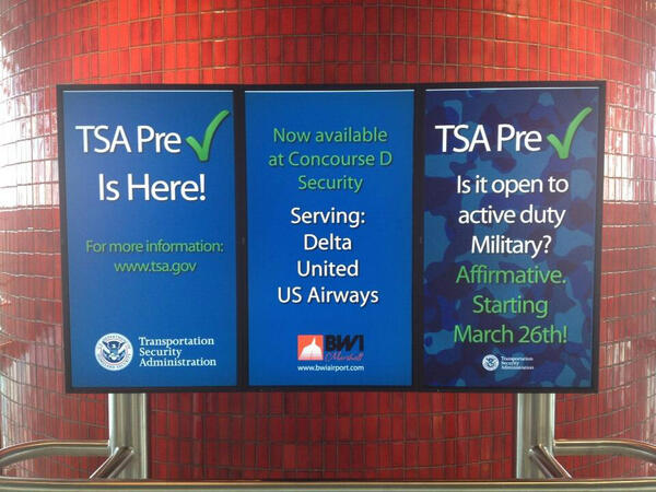 TSA's tweet photo. Beginning today, #TSAPre✓™ is available for active service members of the military at @BWI_Airport http://t.co/IA42uQ5Twz
