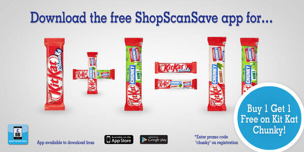 ShopScanSave's tweet image. Download the app today for Buy 1 Get 1 Free on KitKat Chunky Original, Mint &amp;amp; Coconut. #TakeABreak #FreeChocolate !