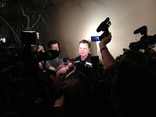 Bill Self talks to a flood of reporters at team hotel in Dallas.
